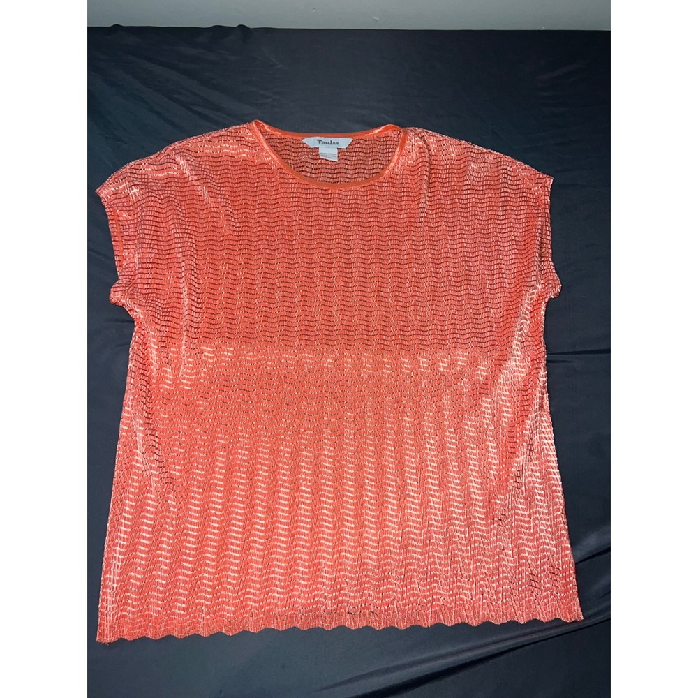 Tanjay Womens Large Coral Orange Pleated Textured Short Sleeve Blouse Top